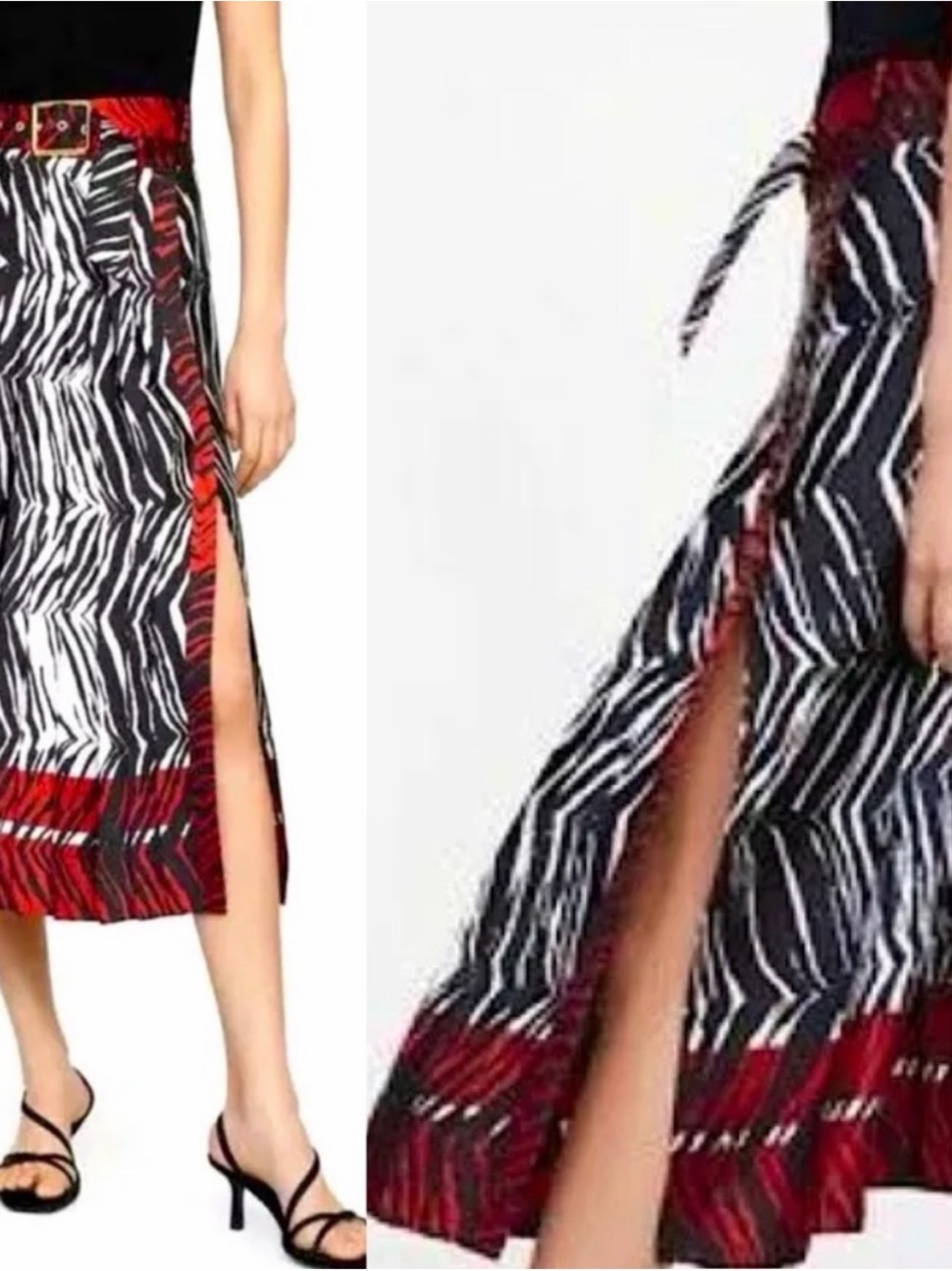 Zara Black & White Zebra-Print Midi Skirt with Red Trim